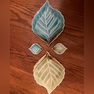Japanese Sushi & Wasabi Leaf Dish Set Celadon Teal Green Crackle 4pc